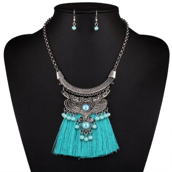 NS11 | Boho Turquoise Tassel Statem Necklace - Picture 1 of 5